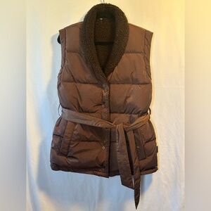 Varley Lanville Reversible Gilet Brown Sherpa Puffer Vest Belted Sz S NWOT